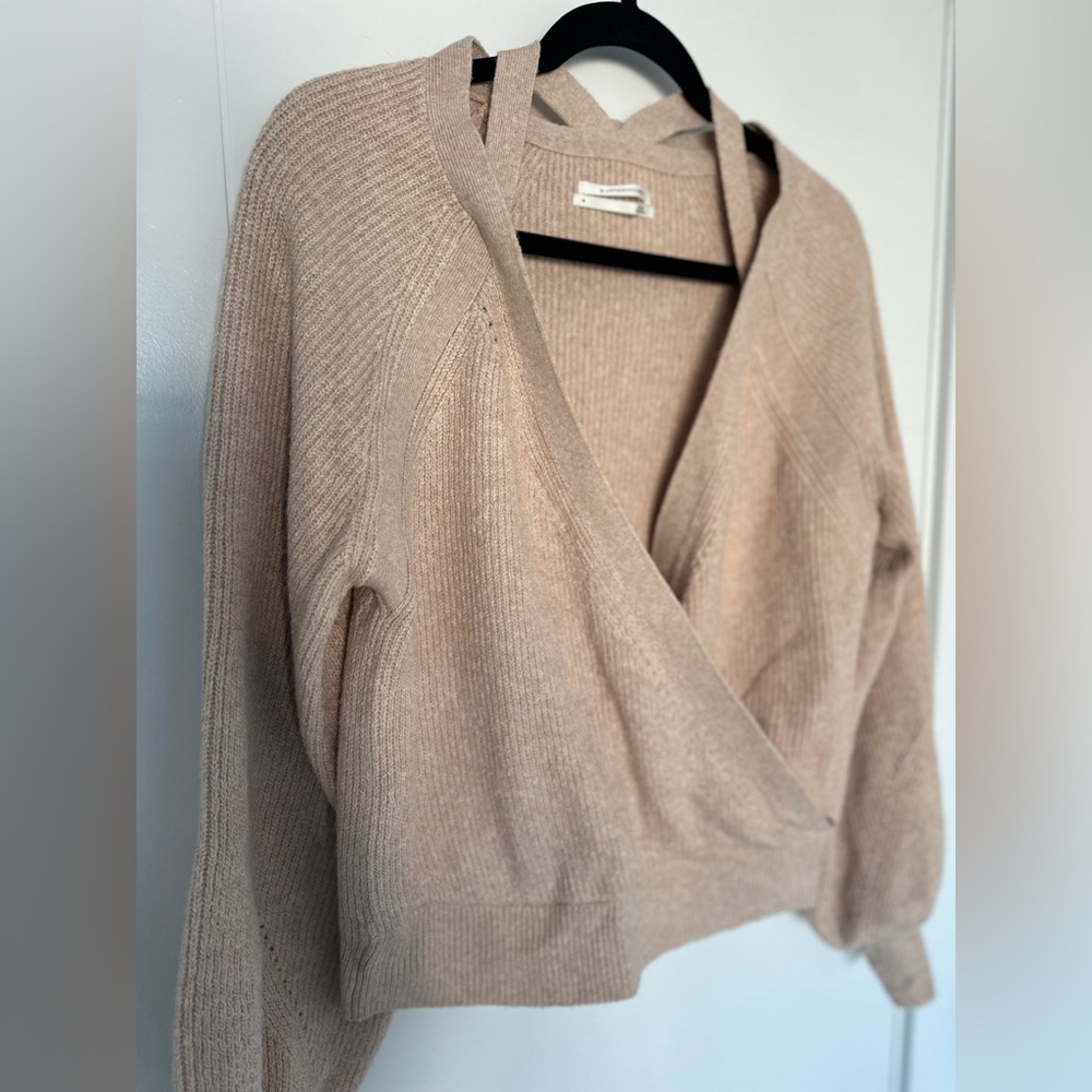 By Anthropologie Women’s Faux Wrap Sweater Medium Beige Ribbed Knit Long Sleeve - Picture 3 of 11